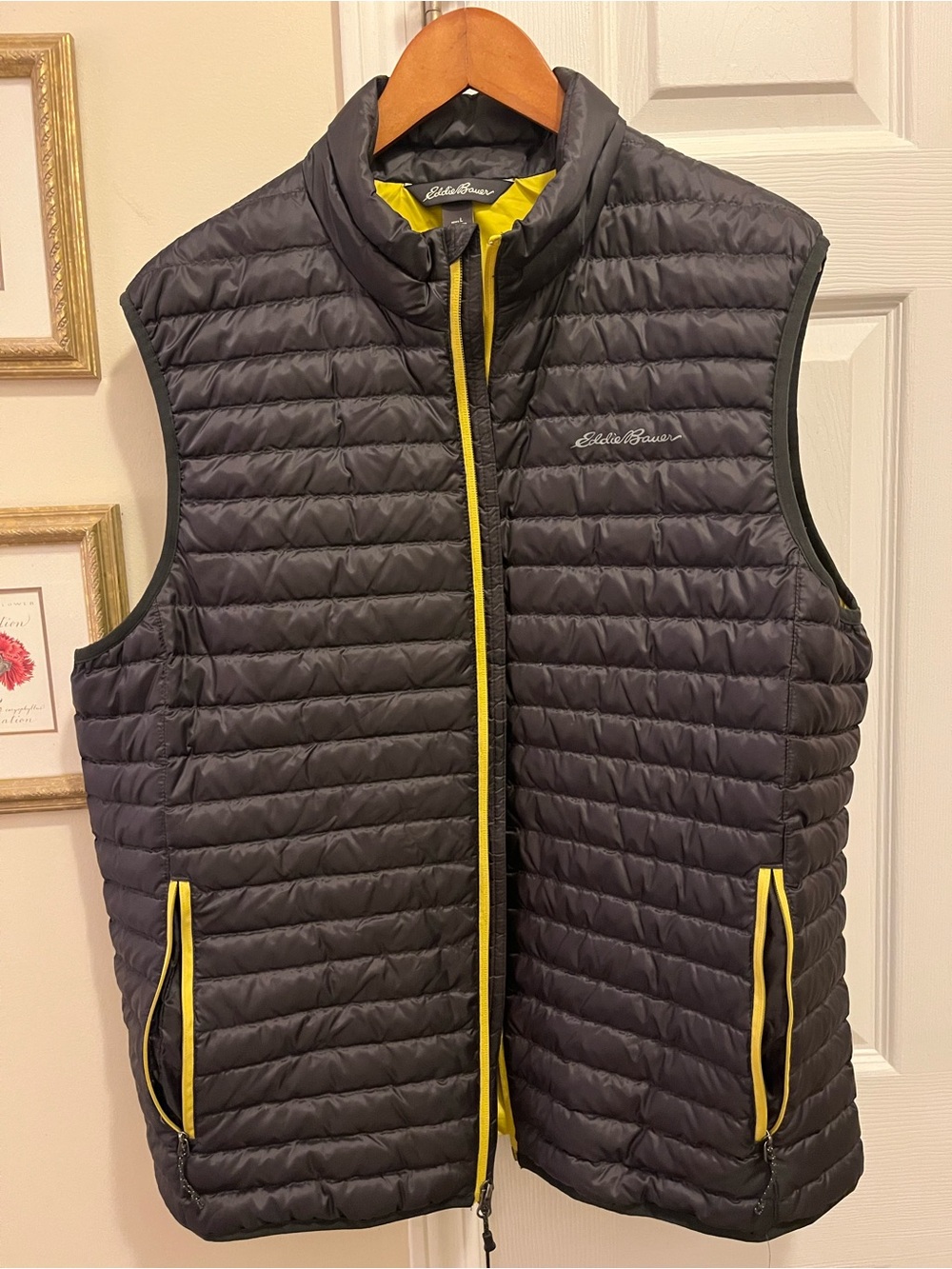 Eddie Bauer Black/Olive Quilted Packable Vest with Yellow Trim